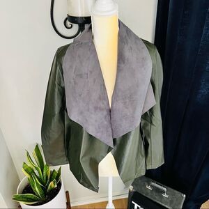 Tahari Faux Leather‎ Moto Drape Wrap Jacket, Comfy Dark Green, Size Small, NWT